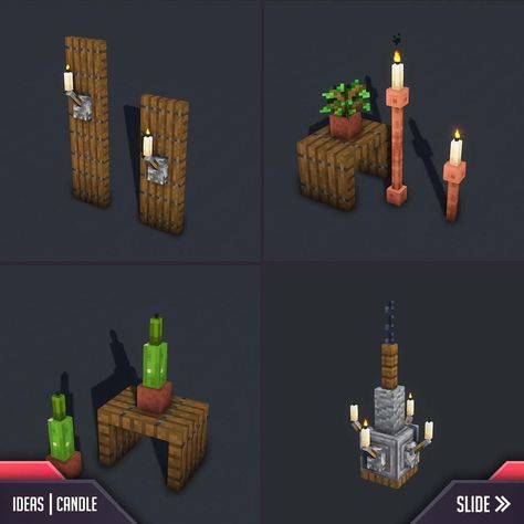 Gama on Instagram: “Four vanilla ways to use candle in Minecraft!😃 ⚠️Original Content ! Repost is allowed with mentions. ▬▬▬ [ ignore ] ▬▬▬ #minecraft…” Minecraft Build Decoration, Minecraft Furniture Designs, Minecraft Shoe Rack, Minecraft Interior Lighting, Useful Things To Build In Minecraft, Minecraft Building Decorations, Spooky Minecraft Decor, Minecraft Details Ideas, Minecraft House Decoration Ideas