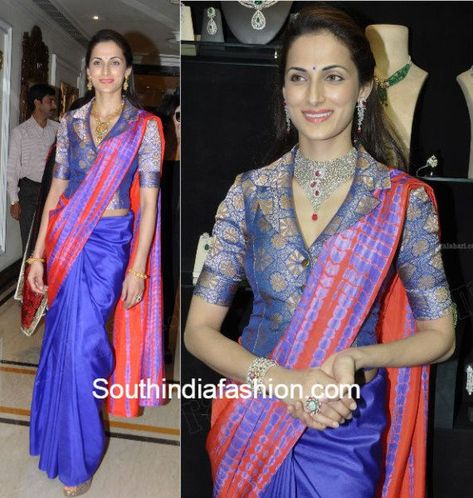 shilpa reddy saree jacket photo Shilpa Reddy, Saree Jacket, Simple Blouses, Long Blouse Designs, Saree Draping, Sari Blouse Designs, Plain Saree, Indian Saree Blouses Designs, Saree Blouse Patterns