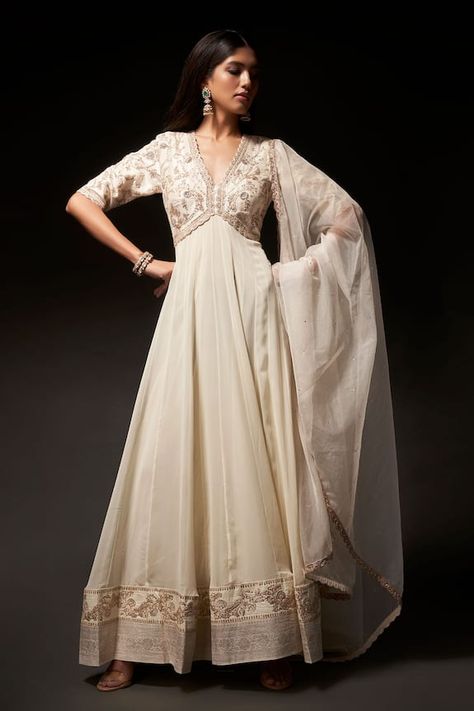 Off White Dresses Indian, Anarkali With Yoke, Off White Indian Outfits, Half White Anarkali Dress, Dress Stitched From Saree, Off White Anarkali Dress, Off White Dress Indian, Wedding Indian Dress For Women, Onam Kurta