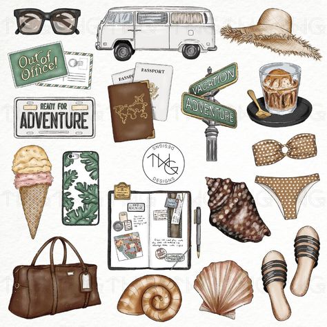 Coastal Summer Illustrated Clipart Digital Stickers Icons Journaling Roadtrip Travel Beach Trip Trendy Aesthetic Planner Icons Graphics Fun & quirky collection of original, hi-res, hand drawn clipart graphics. The perfect tool for artists, designers, planner stickers, scrapbooking, photo overlays, web/blog design and more!! The Roadtrip set features hand drawn elements in a coastal summer travel theme: camper van, post card, sunglasses, straw hat, road signs, coffee, bikini, sandals, travelers n Travel Icons Aesthetic, Beach Travel Journal, Daisy Journal, Aesthetic Planner, Coastal Summer, Planner Icons, Adventure Design, Travel Icon, Drawing Clipart