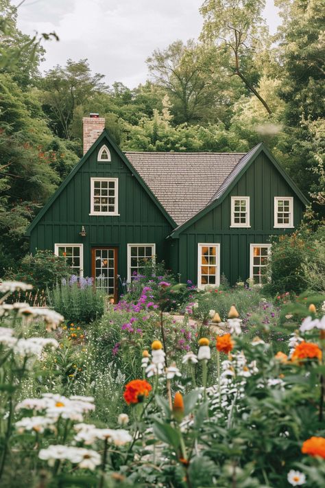 Painted Cabin Exterior, Paint Colors For Outside Of House, Green And White Exterior House Colors, Woodland Cottage Exterior, Green House Brown Roof, Green House Exterior Ideas, Green Houses Exterior, Green Colored House, Green Painted House