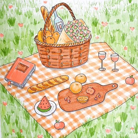 Painting of a pichic theme Cute Home Drawing, Picnic Drawing Easy, Cute Garden Drawing, Picnic Drawing Reference, Summer Illustration Art Drawings, Cute Food Art Drawing, Picnic Drawing Aesthetic, Summer Aesthetic Drawing, Picnic Painting Ideas