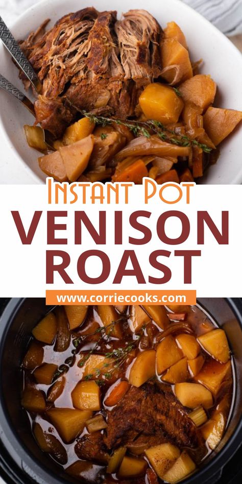 Instant Pot Venison Roast, Venison Roast Crockpot, Roast In The Instant Pot, Carrots Cooked, Venison Steak Recipes, Garlic Broth, Venison Backstrap Recipes, Backstrap Recipes, Deer Steak