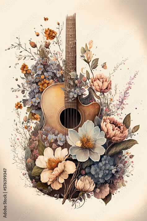 Acoustic Guitar With Flowers Tattoo, Country Music Drawings, Guitar With Flowers, Country Music Tattoos, Country Music Aesthetic, Guitar Flowers, Boho Guitar, Guitar Posters, Wallpaper Iphone Boho