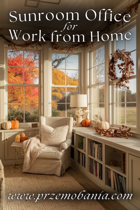 Brighten your workspace with autumnal decorations in your sunroom office. Use natural light, cozy fall decor, and warm colors to create an inspiring and comfortable environment. Perfect for home office design ideas that incorporate the beauty of the autumn season. #sunroomoffice #autumnaldecor #cozyfalldecor #naturalight #homeofficeideas #falltrends #cozyhomeoffice #fallhomedecor #decoration #officeinspo Sunroom Office Ideas, Autumnal Decorations, Sunroom Office, Office With A View, Home Office Design Ideas, Garden Home Office, Office Design Ideas, Cozy Office, Room Addition