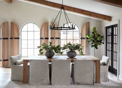 Joanna Gaines says the details in the "Fixer Upper" home from episode five of season five is one of her favorites. Dining Room Table And Chairs, Interior Shutters, Mediterranean Home Decor, Spanish Style Homes, Mediterranean Home, Mediterranean Homes, Arched Windows, Dining Room Inspiration, Spanish Style