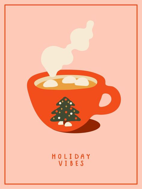 Christmas Prints Aesthetic, Christmas Coffee Illustration, Christmas Poster Aesthetic, Christmas Posters Aesthetic, Christmas Aesthetic Illustration, Christmas Design Graphic Illustration, Cocoa Illustration, Marshmallow Art, Christmas Tree Aesthetic