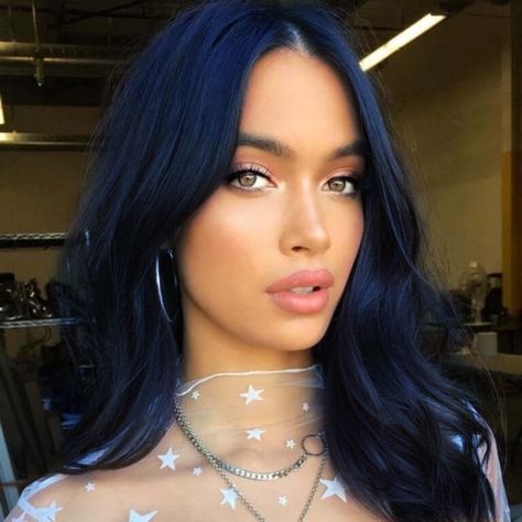 Blue Hair Over Black, Deep Blue Dyed Hair, Blue Black Hair With Curtain Bangs, Blue Velvet Hair Color, Darkest Blue Hair, Dark Royal Blue Hair, Midnight Indigo Hair Color, Blue Black Hair On Brown Skin, Navy Blue Money Piece Hair