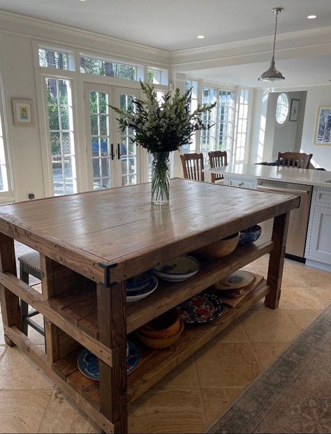 Kitchen With Wood Table Island, Kitchen Islands From Old Furniture, Large Movable Kitchen Island, Large Wood Island Kitchen, Open Shelf Island, Cabin Kitchen Island Ideas, Table For A Kitchen Island, Large Farmhouse Island Kitchen, Wood Kitchen Island Table