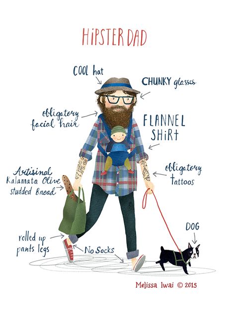 Hipster Dad Melissa Iwai 2015 Dad Illustration, Olive Tattoo, Father's Day Illustration, Hipster Illustration, Computer Illustration, Tokyo Street Fashion, Hipster Grunge, Dad Fashion