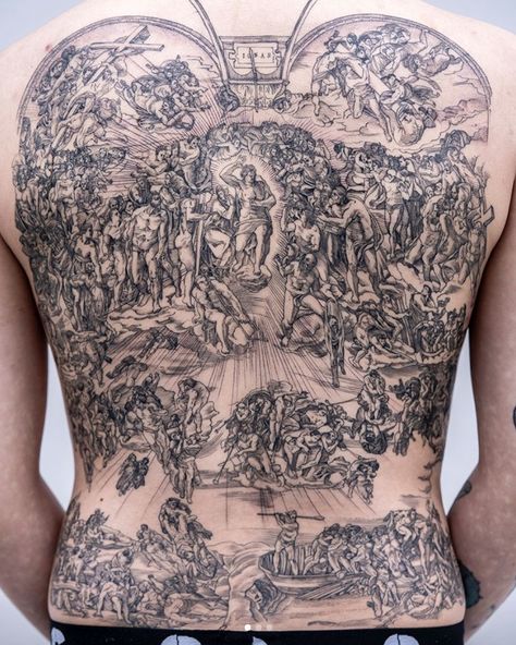 tattoodo | "The Last Judgment" - Michelangelo. Tattoo done by OOZY #oozy #oozytattoo #michelangelo #thelastjudgement | Tattoodo Angel Hand Tattoo, Michelangelo Tattoo, Korean Tattoo Artist, Hands Tattoo, Medieval Tattoo, Korean Tattoos, Back Piece Tattoo, Sistine Chapel, Real Tattoo