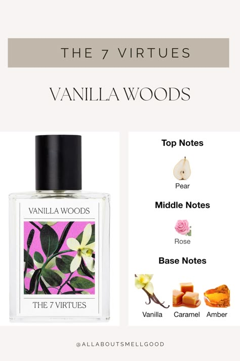 Fragrance Family: Warm & Spicy Scent Type: Warm & Sweet Gourmands Key Notes: Pear, Rose, Vanilla Fragrance Description: Vanilla Woods is intoxicating with a dash of fresh pear, a big rose heart note, and the benefits of a long-lasting dry down of organic Madagascar vanilla and gourmand caramel infused with warm amber. The sustainably sourced vanilla alleviates stress with aromatherapy benefits. Vanilla Woods Perfume, Naseem Perfumes, Diy Perfumes, The 7 Virtues, 7 Virtues, Layering Combos, Perfume Wishlist, Vanilla Woods, Fragrance Oil Blends