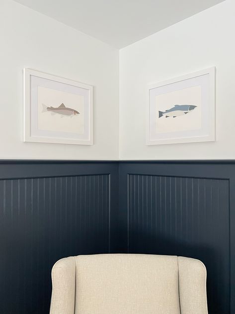 Dark Blue Beadboard, Navy Blue Wainscoting, Blue Wainscoting, Beadboard Half Wall, Beadboard Bedroom, Boy Room Accent Wall, Blue Beadboard, Beadboard Trim, Diy Board And Batten Wall