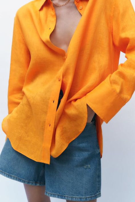 Linen Shirt Outfit, Silk Bralette, Oversized Linen Shirt, Linen Shirts Women, Zara Shirt, Oversized Blouse, Orange Shirt, Floral Print Blouses, Poplin Shirt