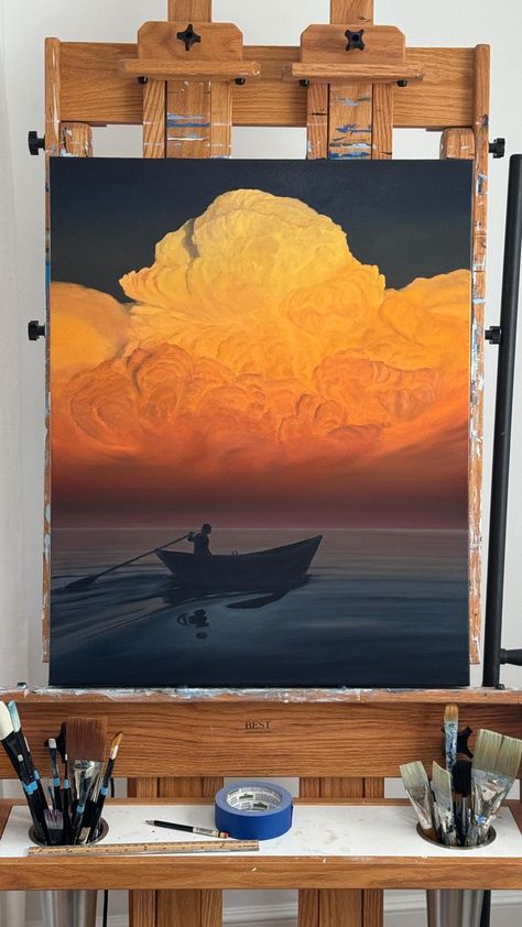 An oil painting based on a photo of me this summer in my dory. The photo was originally taken by @cutterbloodhound and the clouds are based on a photo taken by: @neelamngyasur . . . #oilpainting #seascape #sunset #clouds #waves #photography #art #artist #painting #paintingprocess #artofinstagram | Derek Macara | Mitski · My Love Mine All Mine Acrylic Painting Seascape, Painting Of Waves, Sunset Painting Ideas, Oil Painting Ideas, Sunset Oil Painting, 30 Day Art Challenge, Sea Clouds, Clouds Art, Gold Art Painting