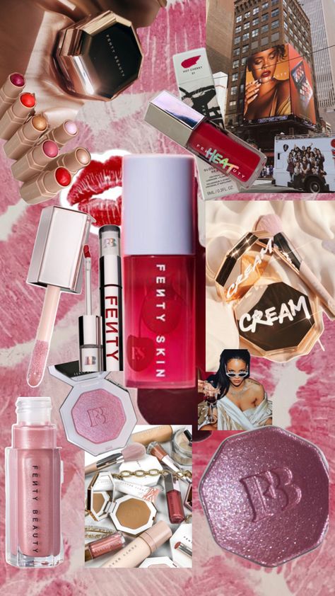 Different products of fenty beauty which is  owned by Rihanna some of these products include lip glosses, highlighters, powders, bronzer sticks, and concealer sticks, Fenty Aesthetic, Fenty Beauty Aesthetic, Makeup Themes, Beauty Collage, Beauty Aesthetic, In Aesthetic, Aesthetic Blue, Fenty Beauty, Makeup Brands