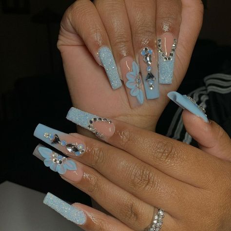 Light Blue Nails Designs Ideas, Light Blue Nails Prom, Baby Blue Prom Nails, Blue Nails Prom, Prom Nails Acrylic Blue, Light Blue Prom Nails, Birthday Hairstyle, Blue Prom Nails, Blue And Silver Nails