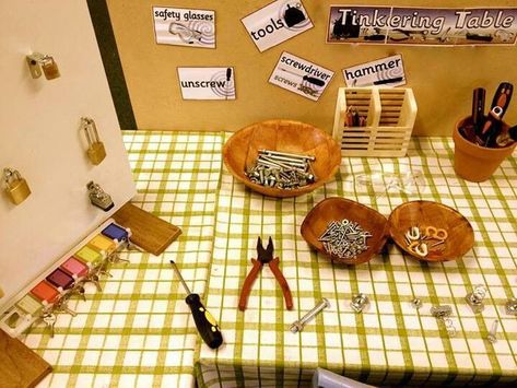 Tinkering Table-I love the locks and keys on this table: Kathy Walker Learning Areas, Tinkering Station, Tinker Table, Walker Learning, Learning Inspiration, Locks And Keys, Inquiry Learning, Pre Primary, Clever Classroom