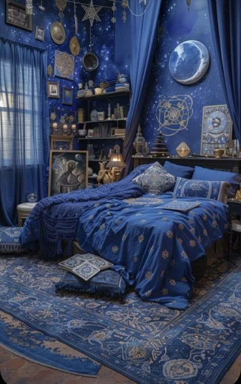 Whimsigoth Bedroom Blue, Witch 101, Rh Bedroom, Witchy Bedroom Ideas, Celestial Room, Witchy Bedroom, Outfit Patterns, Whimsical Bedroom, Dream Bedroom Inspiration