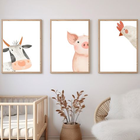 Adorable Peek-a-Boo Farm Animals Nursery Wall Art Set: Cow, Chicken, Pig Prints Modern Farm Nursery, Chicken Nursery, Baby Animal Nursery Theme, Dinosaur Toddler Room, Farm Animals Nursery, Farm Animal Nursery, Pig Print, Animal Wall Art Nursery, Farm Nursery