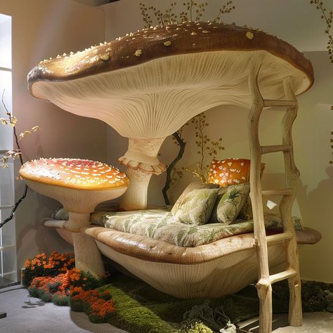 Introducing the MycoNest Bunk Bed: a whimsical, fungi-inspired design crafted for both functionality and charm. With its organic shapes and sturdy build, it provides a cozy retreat for sleep and play. Conceptual AI Art Follow @ecosapiens for more! Bunk Bed Fort Ideas, Mushroomcore Room, Mushroom Bedroom Ideas, Mushroom Aesthetic Room, Cozy Bed Ideas, Bunkbed Ideas, Fairy Room Ideas, Bed Nooks, Moss Bed