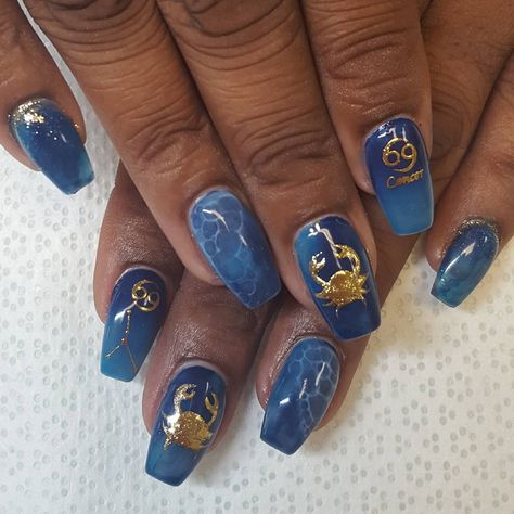 Nail Designs For Cancers, Zodiac Inspired Nails, Birthday Nails For Cancers, 30th Nails, Astrology Nail Art, Zodiac Nails Designs, Zodiac Sign Nails, Zodiac Nail Art, Astrology Nails