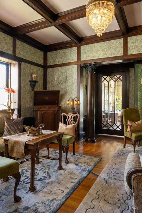 Mansions of the Gilded Age | Our 1909 living room, looking into the sun parlor | Facebook 1920s Parlor Room, Gilded Age Interiors, Guilded Age Interior Design, Gilded Age Mansions Interior, Gilded Age Interior Design, Gilded Age House, Grand House, Parlor Room, The Gilded Age