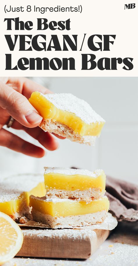 Vegan, gluten-free lemon bars that taste just like the real thing: super lemony with a buttery shortbread crust! Just 8 ingredients required for this show-stopping dessert! Gluten Free Vegan Lemon Bars, Vegan Shortbread Crust, Vegan Lime Dessert, Meyer Lemon Bars, Vegan Lemon Bars, Lemon Cookies Easy, Homemade Cashew Milk, Vegan Shortbread, Gluten Free Lemon Bars