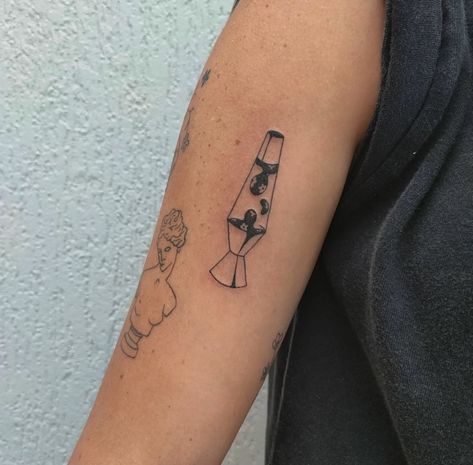 Unique Fun Tattoos, Small Lava Lamp Tattoo, Lava Lamp Tattoo Design, Dont Care Tattoo, Lava Lamp Tattoo Simple, 60s Tattoo Ideas, Groovy Tattoo Ideas, Lava Tattoo, Small Creative Tattoos