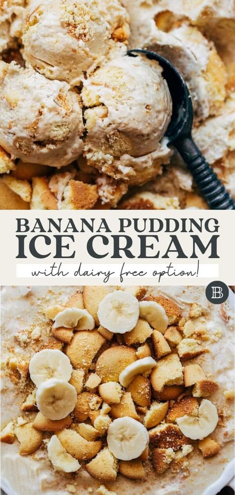 This banana pudding ice cream is made super easy and no churn! It has all the creamy rich flavors of banana pudding but in ice cream form - simple to make regular or dairy free. Summer Ice Cream Flavors, Banana Bread Ice Cream, No Churn Banana Ice Cream, Ice Cream Breakfast, Ice Cream Churn Recipes, Creamy Ice Cream Recipe, Churned Ice Cream Recipes, Ice Cream With Eggs, Ice Cream Recipes No Churn