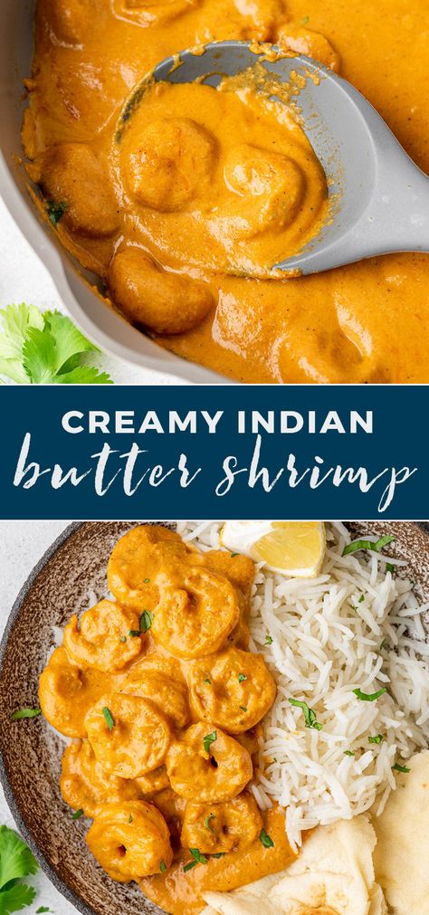 Tender and juicy Indian butter shrimp cooked in a creamy buttery masala sauce that is to die for. Serve with basmati rice or fresh naan and enjoy this tasty meal in under 30 minutes! Indian Butter Shrimp Recipes, Shrimp Indian Curry, Shrimp Recipes Indian Style, Seafood With Rice, Butter Curry Sauce, Unique Dinner Recipes Healthy, Butter Shrimp Indian, Shrimp Korma Recipe, Rice With Sauce Recipes