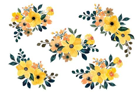 Yellow Flowers Drawing, Pink Watercolor Flower, Watercolor Floral Pattern, Flower Watercolor, Paper Floral, Leaf Background, Hand Drawn Flowers, Flower Motif, Digital Flowers