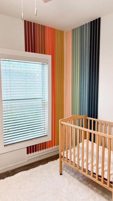 Nursery Design Colorful, Rainbow Slat Wall, Trim Accent Wall, Fun Kids Room, Accent Wall Ideas, Baby Room Inspiration, Rainbow Nursery, Room Update, Big Girl Rooms