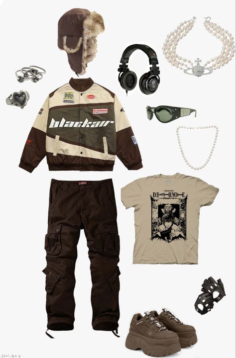 Brown Y2k Outfit Men, Y2k Grunge Outfits Masc, Ushanka Outfit Y2k, Y2k Outfits Masc, Masc Y2k Outfits, Brown Grunge Outfit, Y2k Masc Outfit, Y2k Fits Men, Masc Y2k