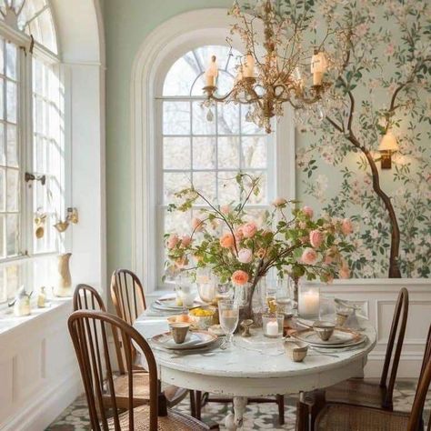 Fairy Kitchen Aesthetic, Clawfoot Tub Ideas, Cottagecore Dining Room, Floral Dining Room, Cottagecore Room Ideas, Dreamy Cottagecore, Booth Seating In Kitchen, Vintage Tea Rooms, Clawfoot Tubs