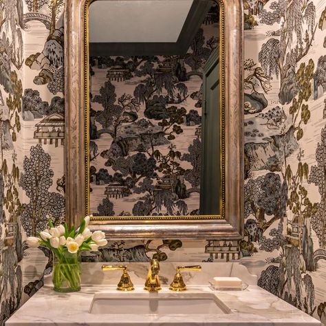 Glam Powder Room Wallpaper, Mural In Powder Room, Swanky Powder Room, Statement Wallpaper Powder Room, Wallpaper Powder Room Small Luxe, Glamorous Powder Room Ideas, Wallpapered Powder Bath, Vintage Wallpaper Powder Room, Sophisticated Powder Room