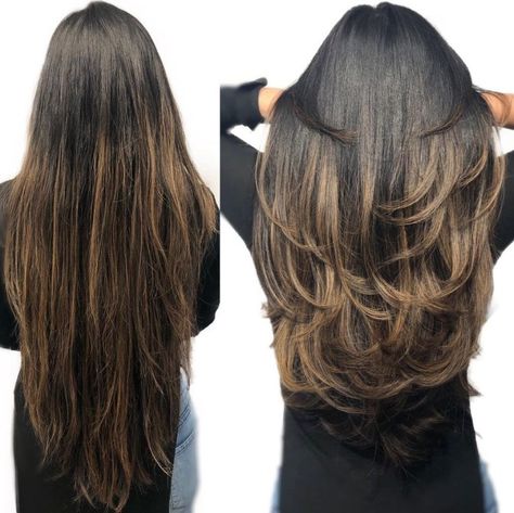 Extra-Long Piece-y Flipped Up V-Cut One Length Vs Layers Long Hair, Layers For Extra Long Hair, Layers For Very Long Hair, Very Layered Hair Long, Hair For Long Haircuts, Long Hairstyles Cuts Haircuts, Extra Long Haircuts, Long Cut Hairstyles, Cute Haircuts For Long Hair With Layers