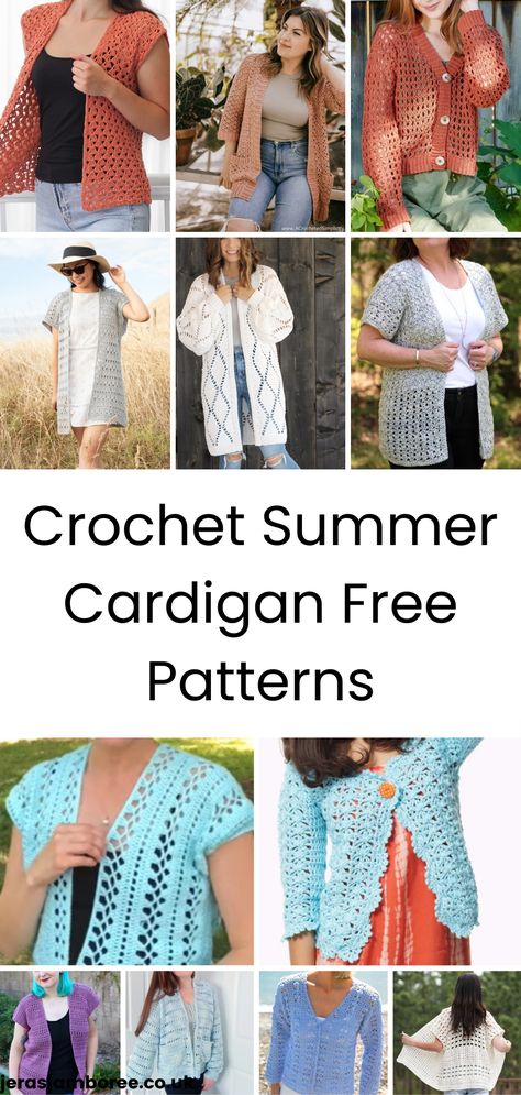 Montage of 12 images showing different designs and colours of crochet summer cardigans made from free patterns Ponchos, Crochet Summer Cardigan, Lace Cardigan Pattern, Crochet Shrug Pattern Free, Crochet Sweater Free, Bolero Pattern, Crochet Cardigan Pattern Free, Crochet Summer Dresses, Crochet Shrug Pattern