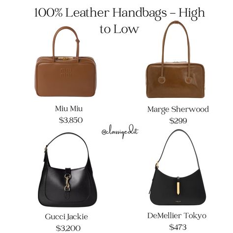 Ever wonder the price ranges for 100% leather handbags? Here is a high end vs mid-range comparison of handbags. Follow for more and share with your bestie. 👜👛👝 Miu Miu Marge Sherwood Gucci Jackie DeMellier Celine A.P.C Fendi Teddy Blake Marge Sherwood, Teddy Blake, Price Range, Follow For More, A P, Miu Miu, Leather Handbags, Fendi, Wonder