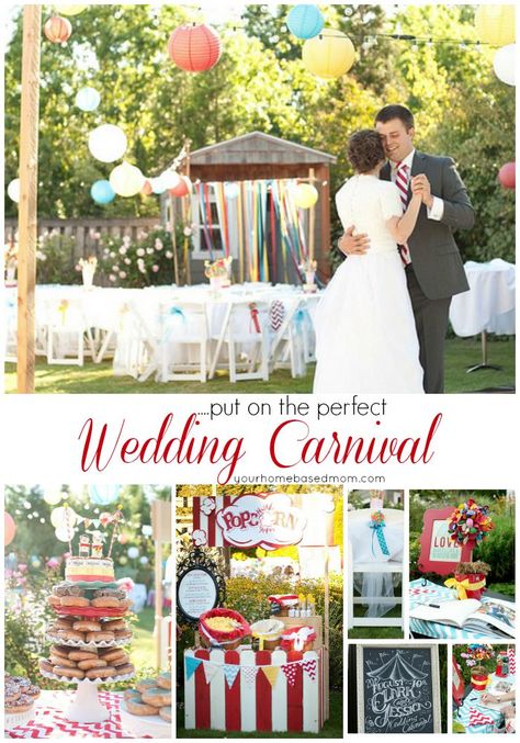 Put on the perfect Wedding Carnival - here are all the details. Carnival Themed Wedding Reception, Upscale Carnival Food, Amusement Park Wedding Theme, Carnival Engagement Party, Chic Carnival Theme Party, Elegant Carnival Theme Party, Carnival Wedding Reception, Fair Themed Wedding, Carnival Theme Wedding Decor