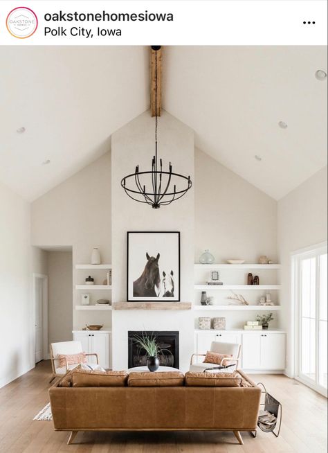 Oakstone Homes, Ceiling Beams Living Room, Beams Living Room, Pitched Ceiling, Vaulted Ceiling Living Room, Built In Shelves Living Room, New House Living Room, Living Room Built Ins, Fireplace Built Ins