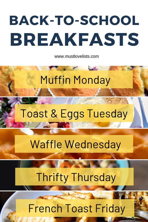 Start your school year off right with a breakfast plan. Make weekday mornings fun with some breakfast alliteration. Try Muffin Monday, Toast & Eggs Tuesday, Waffle Wednesday, Thrifty Thursday, or French Toast Friday. School Year Breakfast Ideas, Waffle Wednesday Ideas, Breakfast Before School Ideas, School Morning Breakfast Kids, Breakfast Theme Ideas, Weekday Breakfast Ideas Kids, Breakfast School Mornings, Before School Breakfast Ideas, 1st Day Of School Breakfast