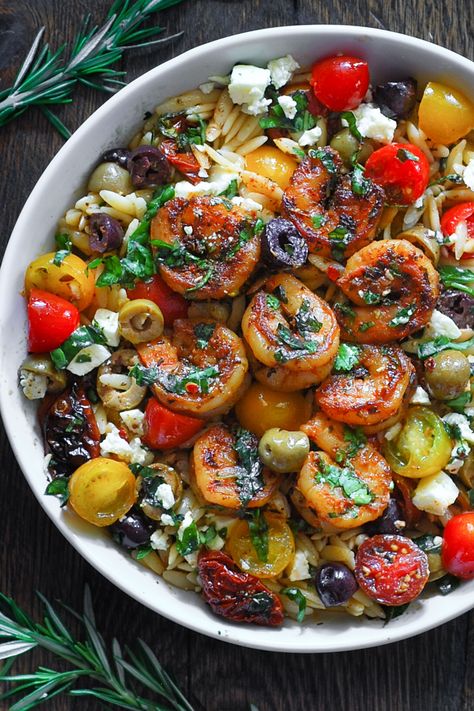 Greek Shrimp with Orzo, Feta, Olives, Sun-Dried Tomatoes, Cherry Tomatoes - in a white bowl. Greek Shrimp Orzo, Orzo And Feta, Shrimp With Orzo, Orzo With Feta, Orzo Feta, Greek Shrimp, Shrimp Orzo, Mediterranean Recipes Healthy, Recipes Greek