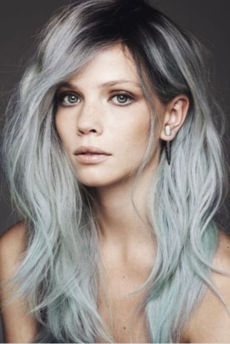 Black roots on gray or icy blue hair can add a dramatic touch (and also ease the transition between dyes once your roots start growing out). Trendy We Fryzurach, Hair Chalk, Long Gray Hair, Pastel Hair, Hair Envy, Grunge Hair, Gray Hair, Grey Hair, Great Hair