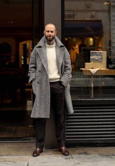 Winter Outfits For Men, Blue Oxford Shirt, Overcoat Men, Herringbone Coat, Olive Jacket, Outfits For Men, Winter Outfits Men, Grey Coat, Coat Outfits