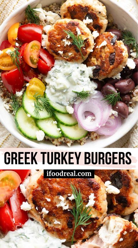 These healthy Greek Turkey Burgers are juicy, packed with flavor and protein, and ready in just 30 minutes! Enjoy them over salads or in a bun. Greek Style Turkey Burgers, Ground Turkey Boats, Turkey Greek Bowl, Mediterranean Turkey Burger, Turkey Burger Dinner Ideas, Mediterranean Diet Turkey Recipes, Greek Burgers Turkey, Greek Burger Bowl, High Protein Turkey Burgers