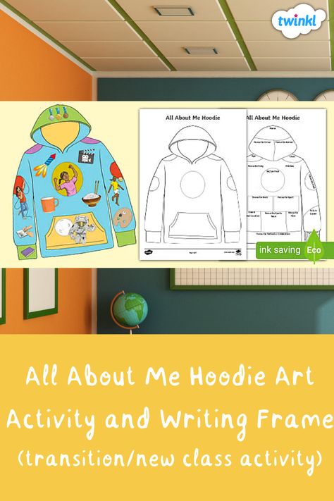 Get to know the children in your new class with this creative and versatile All About Me Hoodie Art Activity and Writing Frame. Children can create their own All About Me Hoodie by drawing images and designs on the hoodie on one side and then completing the writing frame on the other side. When completed children can cut out each hoodie and stick them together to create their own double-sided hoodie which can be displayed from the ceiling. All About Me Hoodie, Writing Frame, Hoodie Art, School Transition, Class Activity, Special Educational Needs, Art Activity, All About Me, Class Activities