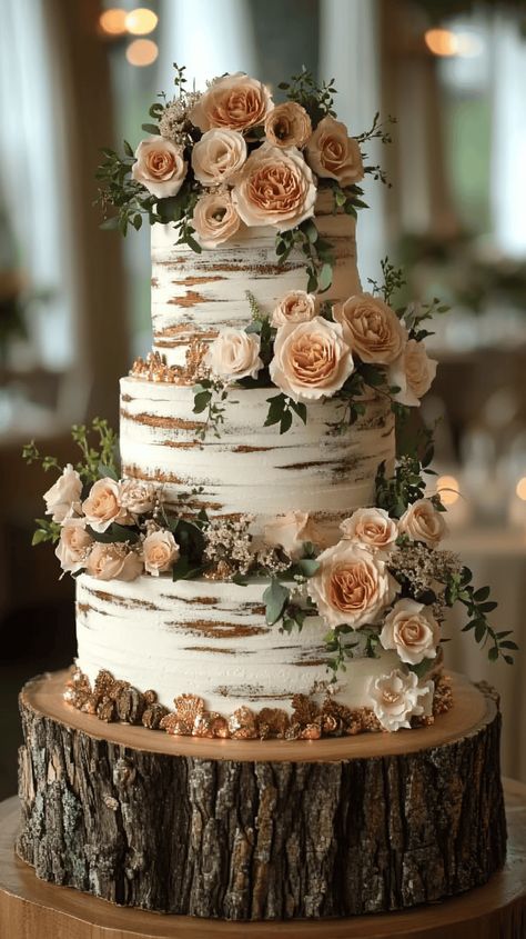 Rustic Wedding Cake Designs: 39 Elegant Ideas - cakevows.com Fall Nature Wedding Ideas, Camouflage Wedding Cake, Outdoor Wedding Autumn, Outdoors Grooms Cake, Woodland Wedding Cake Forest Theme, Rustic August Wedding, Rustic Cake Toppers Wedding Country, Squared Wedding Cakes, Fall Lake Wedding Ideas