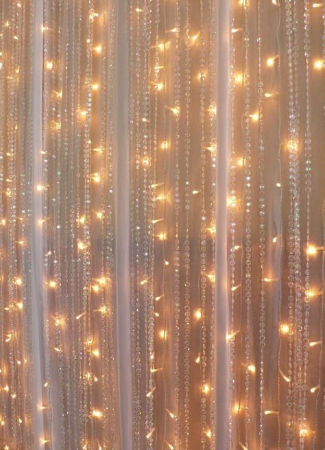 DIY crystal and fairy light sheer curtains Pink Ruffle Curtains, Fairy Light Curtain, Crystal Curtains, Led Curtain Lights, Curtain String Lights, Curtain Backdrops, Light Backdrop, Pipe And Drape, Wedding Ceremony Backdrop