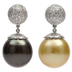 Large South Sea Golden and Tahitian Pearl Diamond Gold Earrings Luxury Yellow Gold Round Pearl Earrings, Elegant Round Tahitian Pearl Earrings, Elegant Tahitian Pearl Round Earrings, Luxury Tahitian Pearl Round Earrings, Luxury Pearl Earrings With Diamond Accents, Round Cut, Diamond Gold Earrings, Pearl Earrings Designs, Pearl Diamond Pendant, Yellow Gold Diamond Earrings